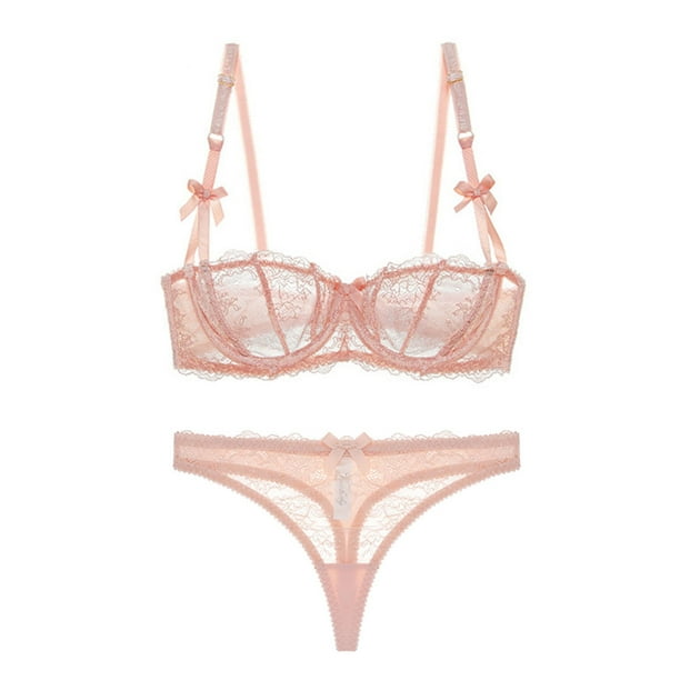 Varsbaby Unlined Balconette Demi-Cup Underwire Lace Bra and Thongs