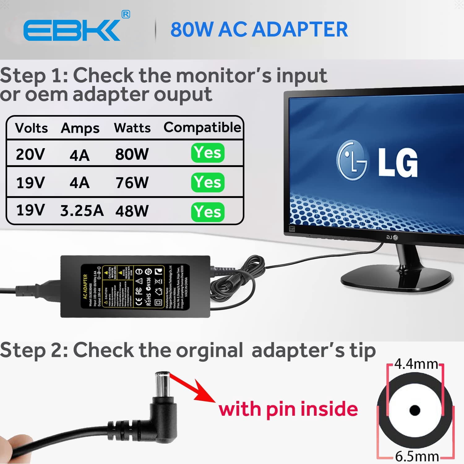 DC 19V Power Supply Charger AC Adapter for Samsung TV 32" Class J5205 J5003 22" H5000 UN32J4000AF UN32J4000AGXZD UN22H5000 UN32J4000 LED TV AC Adapter Cord Tip 6.5mm