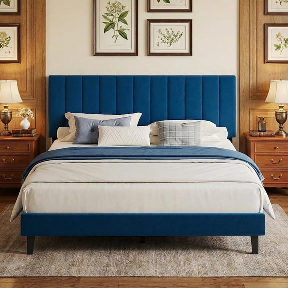 Garvee Full Size Bed Frame, Velvet Upholstered Platform Bed with Adjustable Tufted Headboard, No Box Spring Needed, Easy Assembly, Navy Blue