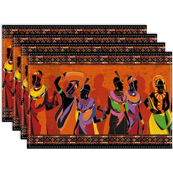 African Placemats Set of 4, 12x18 Inch Black Women Geometric Traditional Tribal Decorations Kwanzaa Kente National Holiday Farmhouse Coffee Table Mats for Party Kitchen Dining Decoration