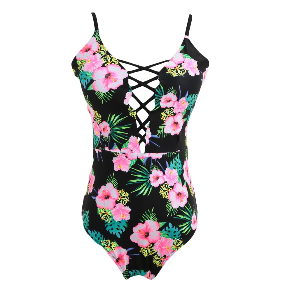 Anself New Women One Piece Swimsuits Floral Print Hollow Out Padded