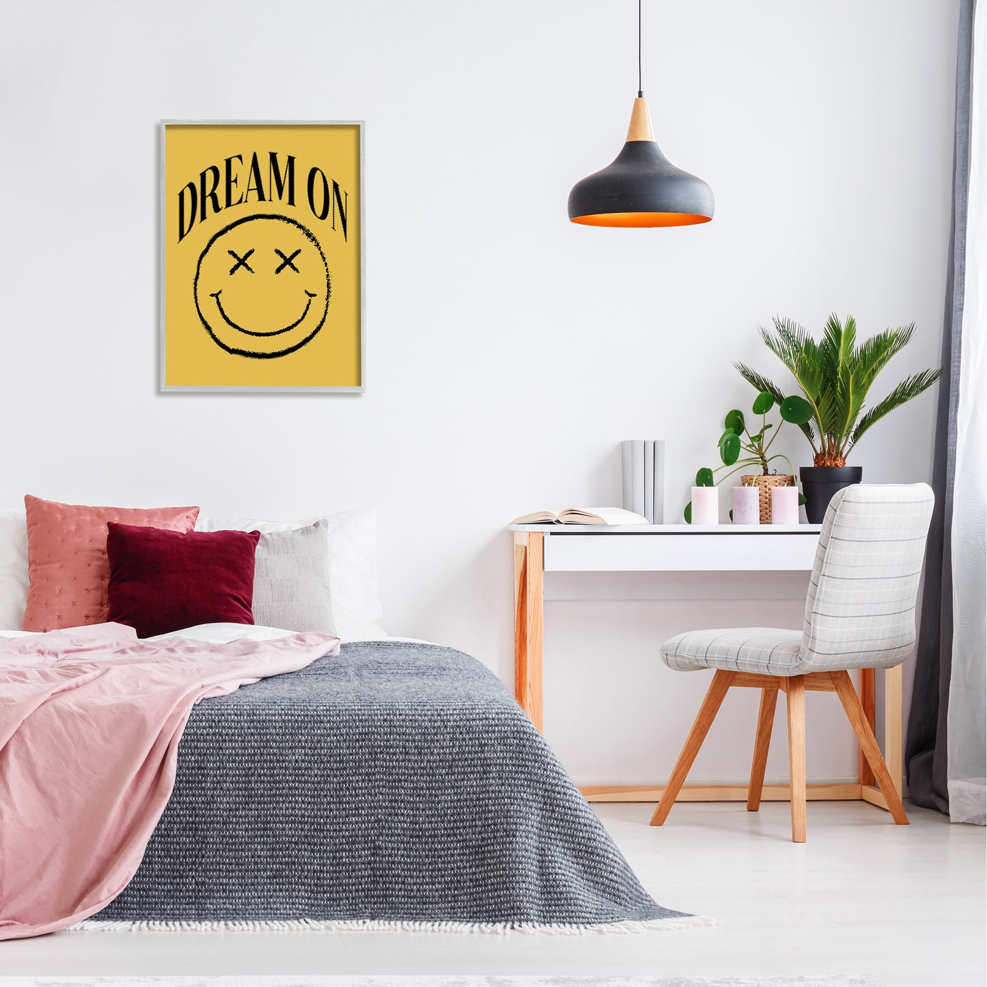 Stupell Industries Dream On Yellow Smiley Abstract Painting Gray Framed Art Print Wall Art, 24 x 30
