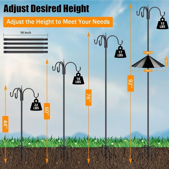 Squirrel-Proof Shepherds Hook for Bird Feeders, 92" Heavy-Duty Bird Feeder Pole with 3 Hooks 5-Prong Stable Base 19" Squirrel Baffle, Rust-Resistant Steel for Feeders, Plants & Yard Décor