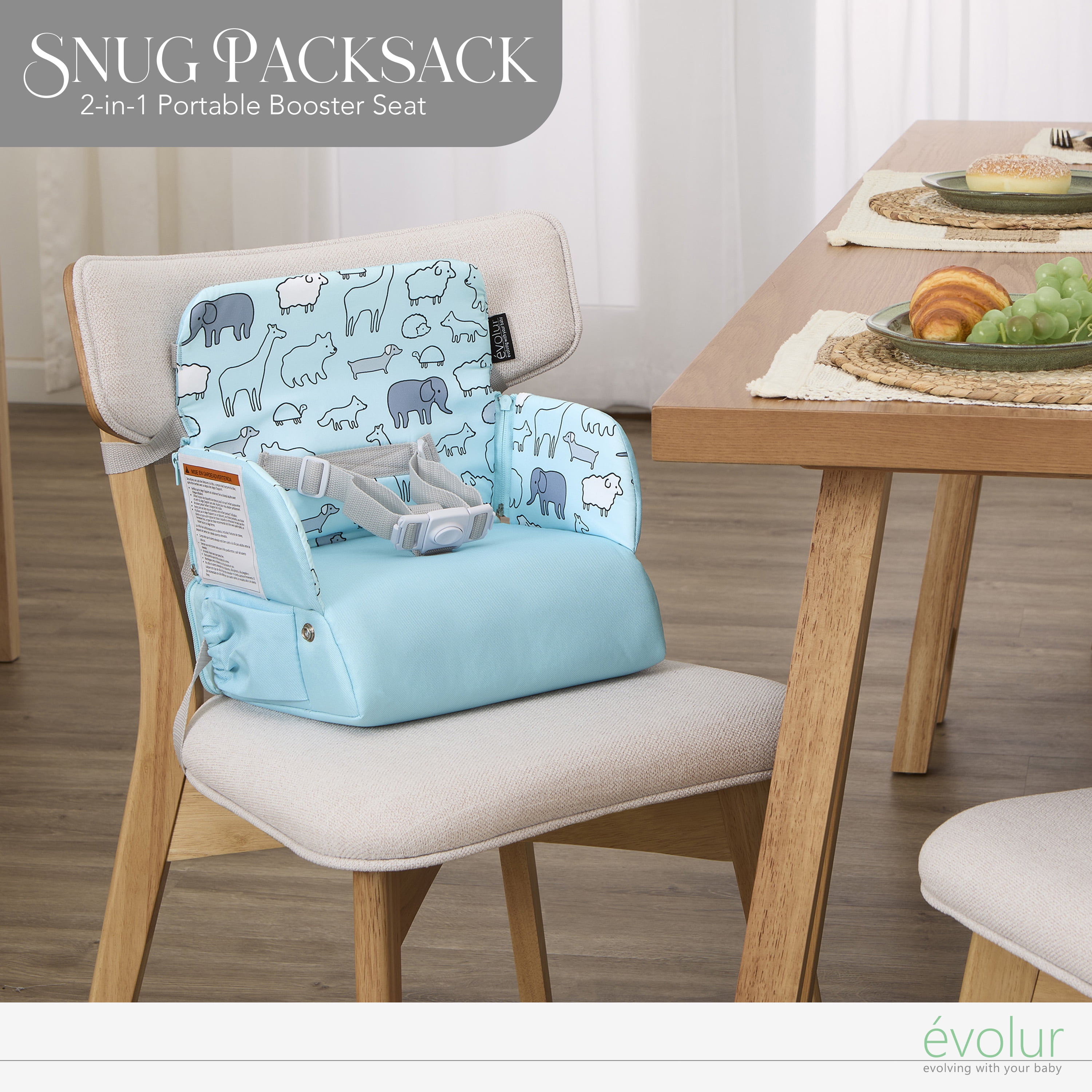 Evolur Snug Packsack 2-in-1 Portable Booster Seat and Travel Bag, Sky Blue