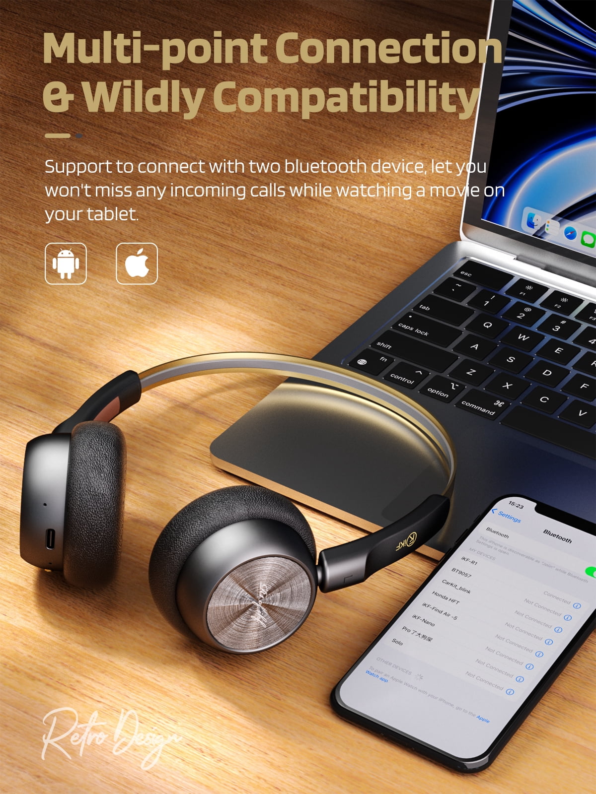 iKF R1 Wireless Retro Wireless Headphones Bluetooth 5.3 APP Custom Sound 60 Hours Playtime Game Mode Noise Isolation Built-in Microphone Throwback 80s 90s Design (Black Gold)