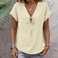 thumbnail image 2 of Tweang Women's Cotton Tops Lapel Long Blouses Tops Roll Up Short Sleeve T-shirt Embroidery Gauze T-shirt for Women V Neck Embroidered Shirt Button Down Plaid Shacket Shirt Loose Fit Tunic Beige L, 2 of 8