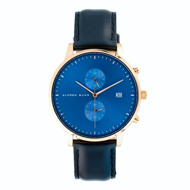 Alfred Sung Dual Time Montre pour Homme à Cadran Bleu et Bracelet Bleu Marine