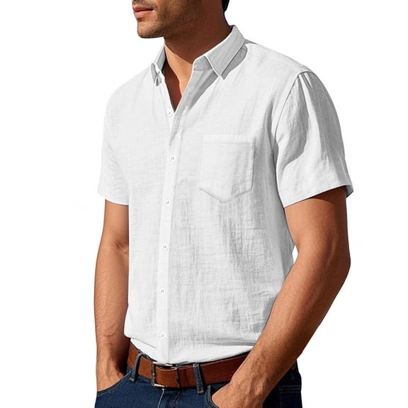 Wlynlyn Mens Button down Shirts Short Sleeve Cotton Linen Dress Shirt Classic Business Work Summer Tops with Pocket