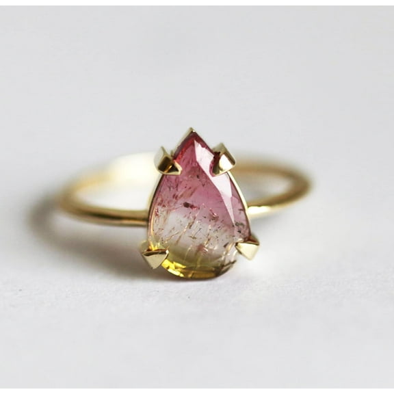 Watermelon tourmaline ring, Pink gemstone engagement ring, Unique pear 925 Silver Yellow Gold Plated