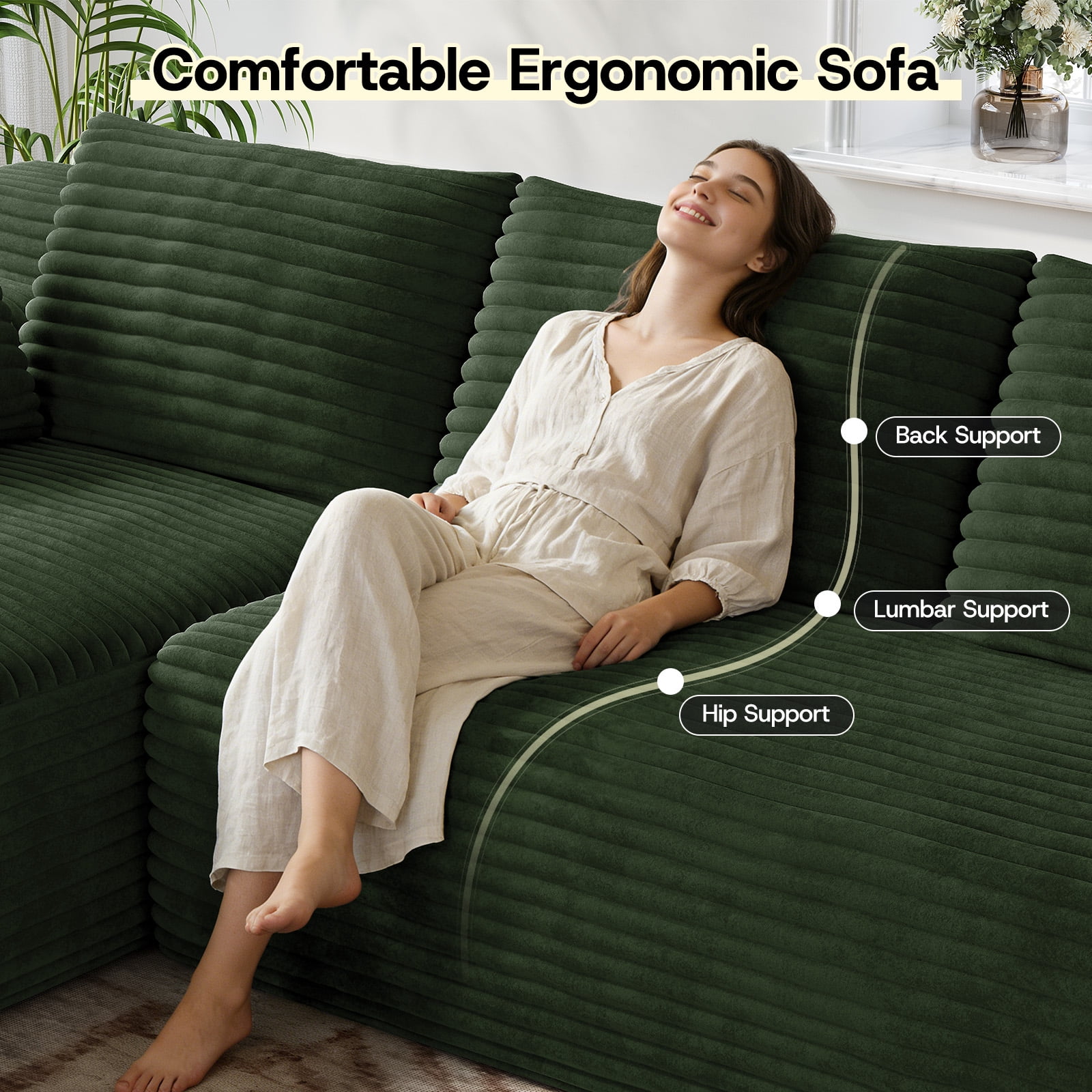 Patbrela 106" Sectional Sofa for Living Room, L-Shaped Modular Sectional Couches with Deep Seat, Corduroy Cloud Oversized Boneless Sofa No Assembly, Green