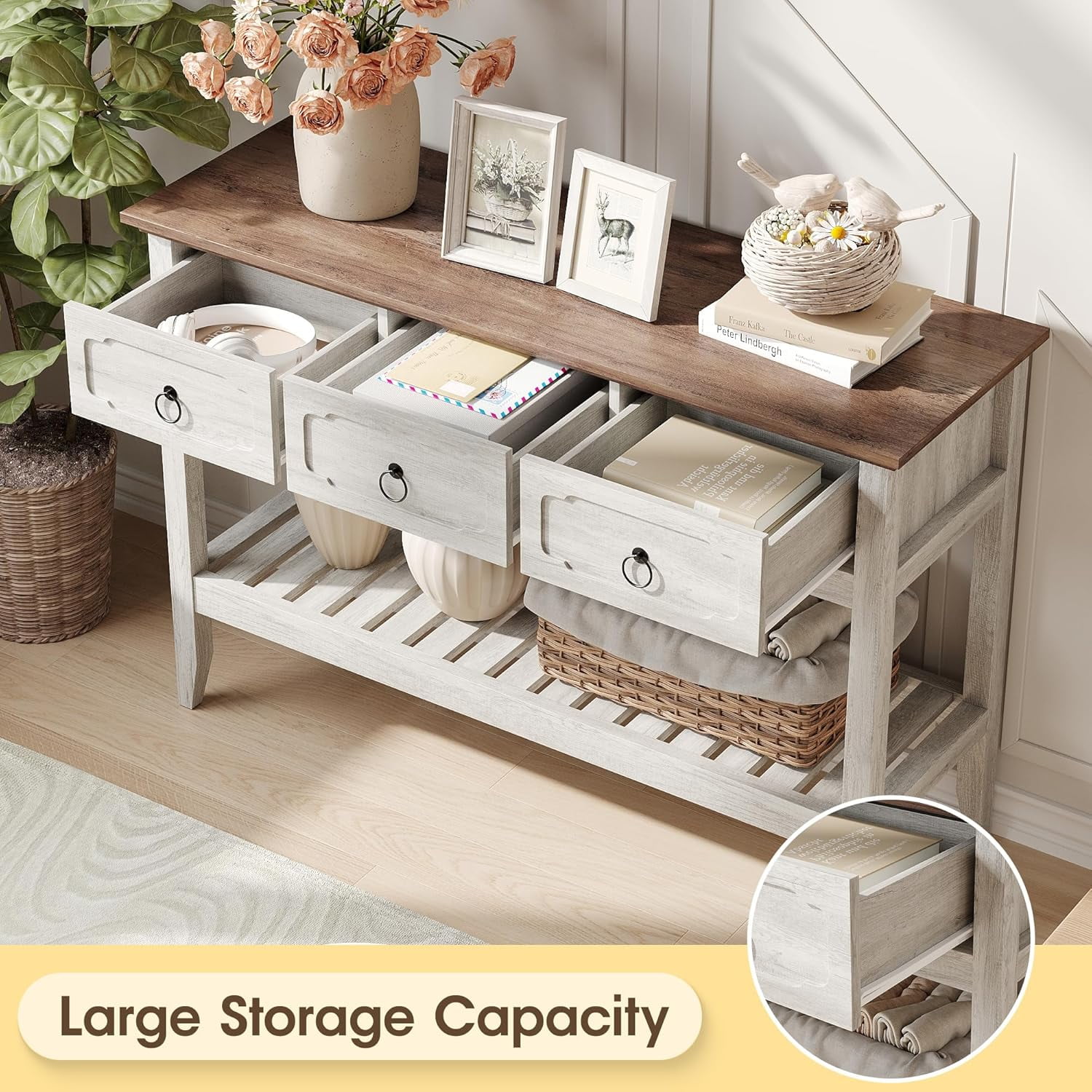 VEANERWOOD Farmhouse Entryway Table with 3 Drawers, 2-Tier Console Table with Storage for Entryway Living Room