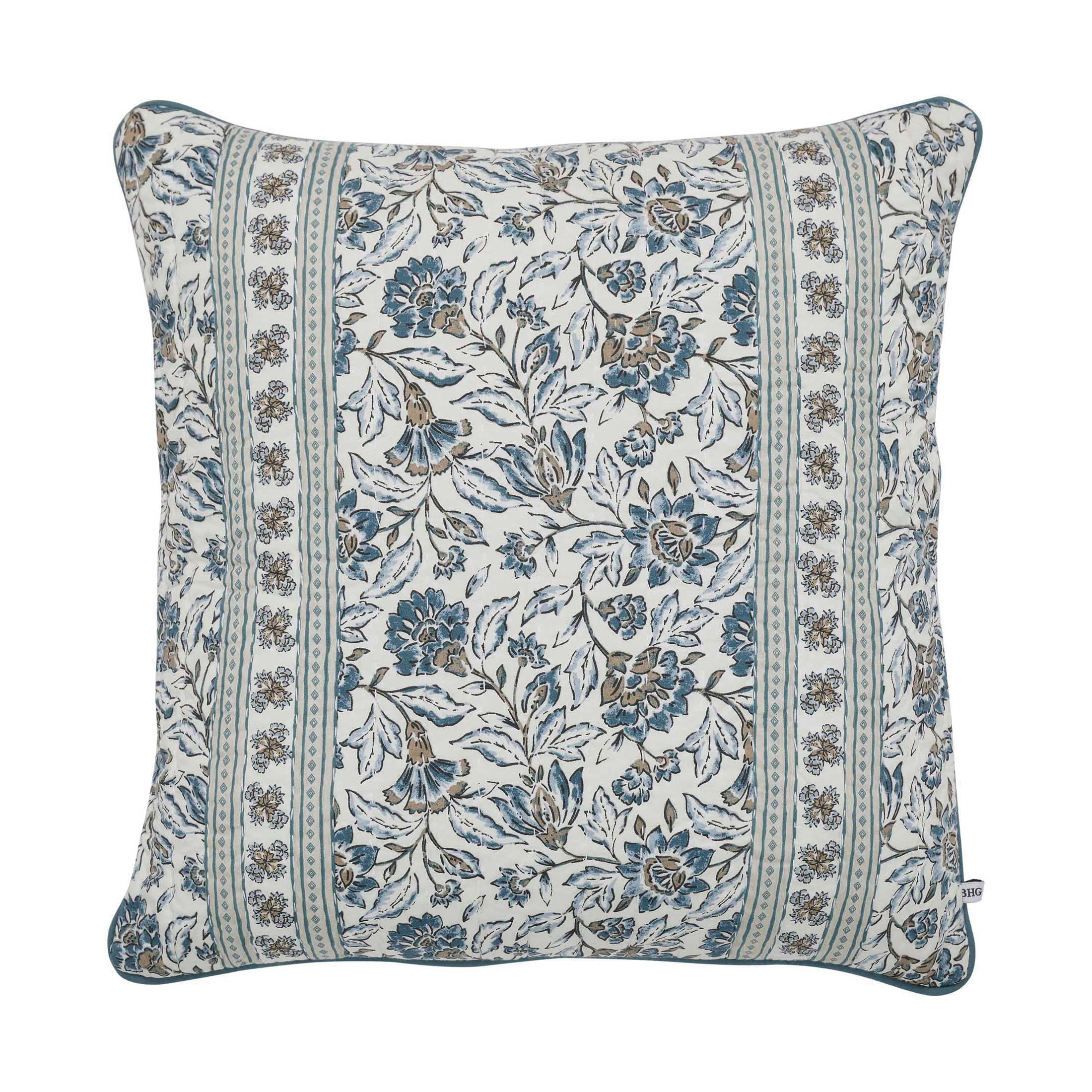 (2 pack) Better Homes & Gardens 20" x 20" Blue Block Print Floral Reversible Cotton Decorative Pillow