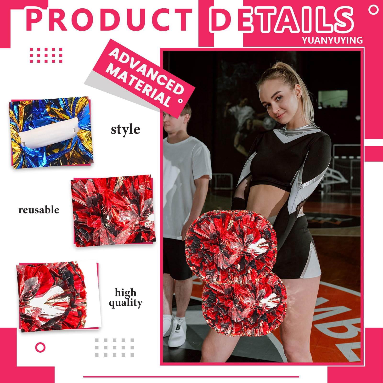 Pom Poms Cheer 18 Pcs with Handle, Cheerleading Handheld Squad Pompoms for Sports Team Spirit Games Dance Party Adults