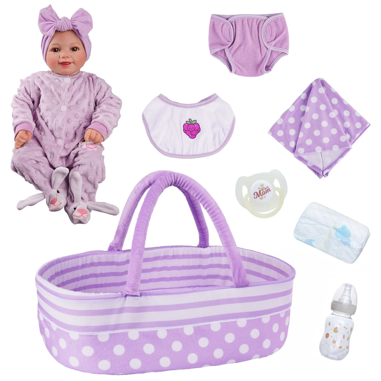 BABESIDE Lifelike Reborn Baby Dolls with Bassinet, 17 Inch Soft Cloth Body Real Life Girl Baby Dolls Soft Vinyl and Cloth Body with Basket & Feeding Kit Gift Box for Kids Age 3+