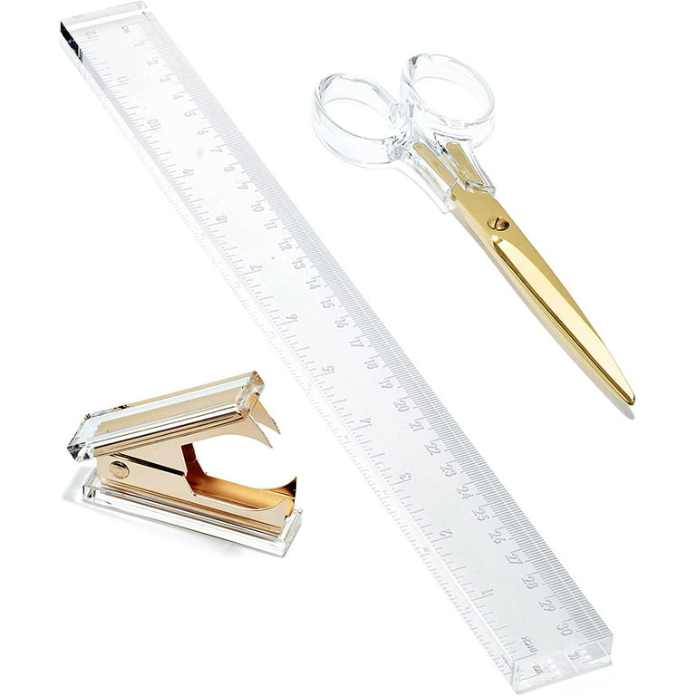 Acrylic and Gold Desk Accessories Set by OfficeGoods - 12 inch Ruler, 6.5 inch Scissors and Stapler Remover - for Your Every Day Office Needs with