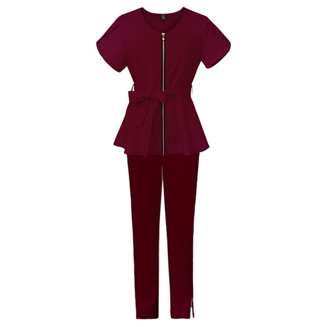 Women's Solid Color Tie Waist Scrub Set Short Sleeve Elastic Pants Medical Uniform Workwear