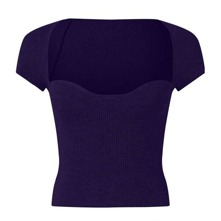 Entyinea Womens Crop Tops Causal Cap Sleeve Blouse Sweetheart Neck Ribbed  Knit T-Shirt Purple M 