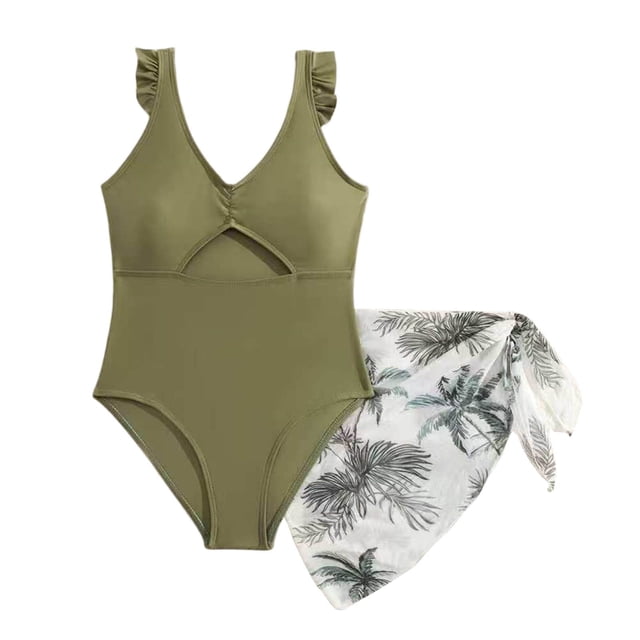 Conjunto Corto de Niños Traje de Baño de Manga Volante de Color Sólido + Conjunto de Falda de Hilo Conjunto de Trajes de Baño Juveniles Conjunto de Trajes de Baño Conjunto de Pantalones Cortos para U