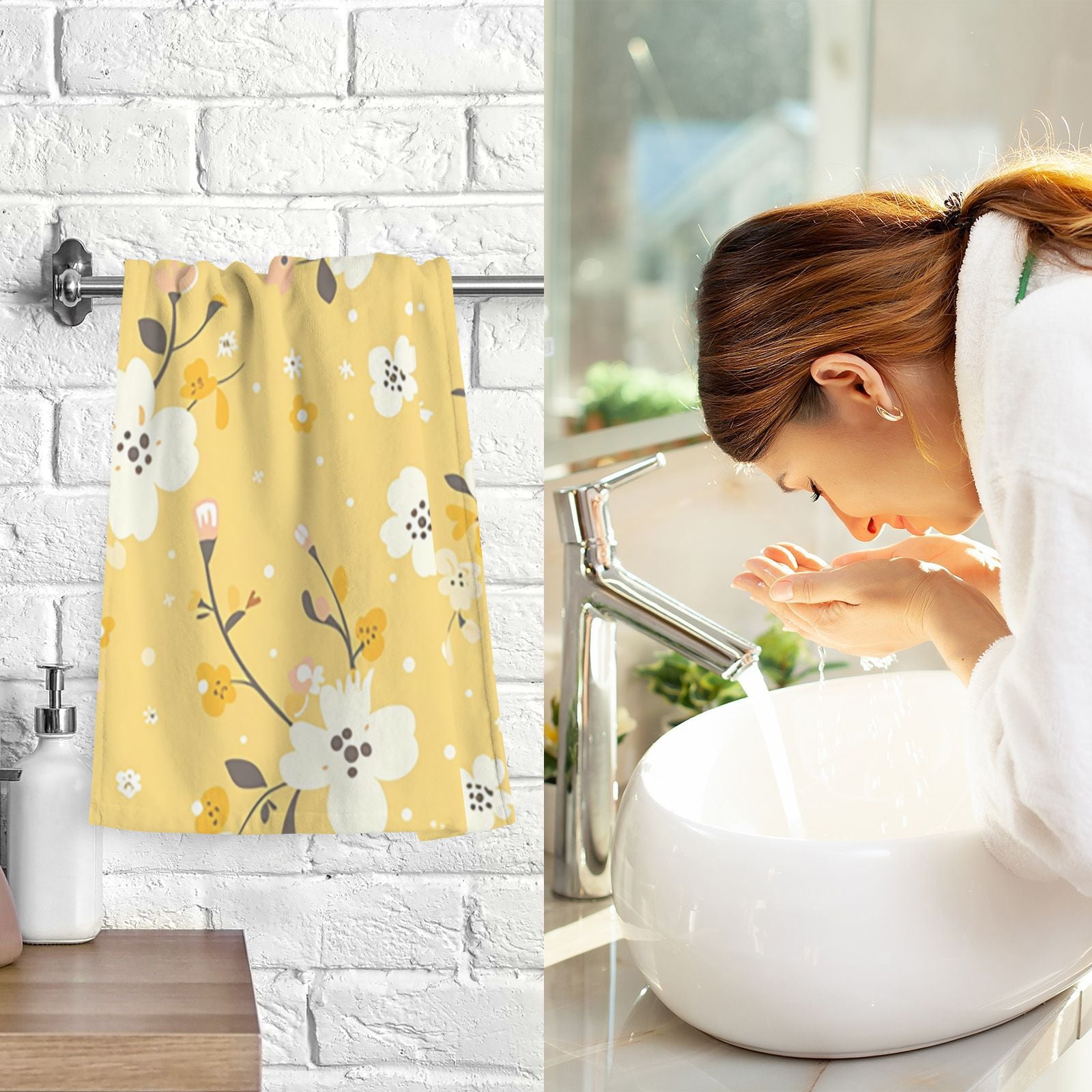 Yellow Floral Hand Towels Cotton Bath Towels Large Face Towels Absorbent for Bathroom 2 Packs