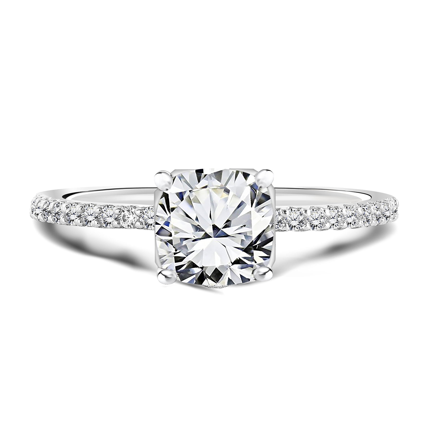 JeenMata Delicate 1.75 ct Cushion Cut Moissanite - Simple Thin Pave Band - Solitaire Engagement Ring in 18K White Gold over Silver