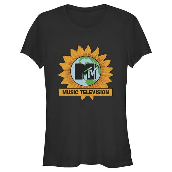Junior's MTV Earth Day Sunflower Logo Graphic Tee Black Small