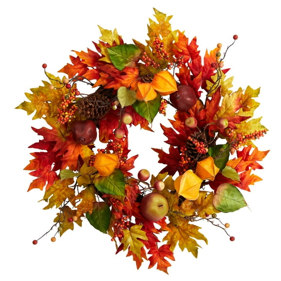 Nearly Natural 24" Autumn Maple Leaf and Berries Fall Artificial Wreath, Orange