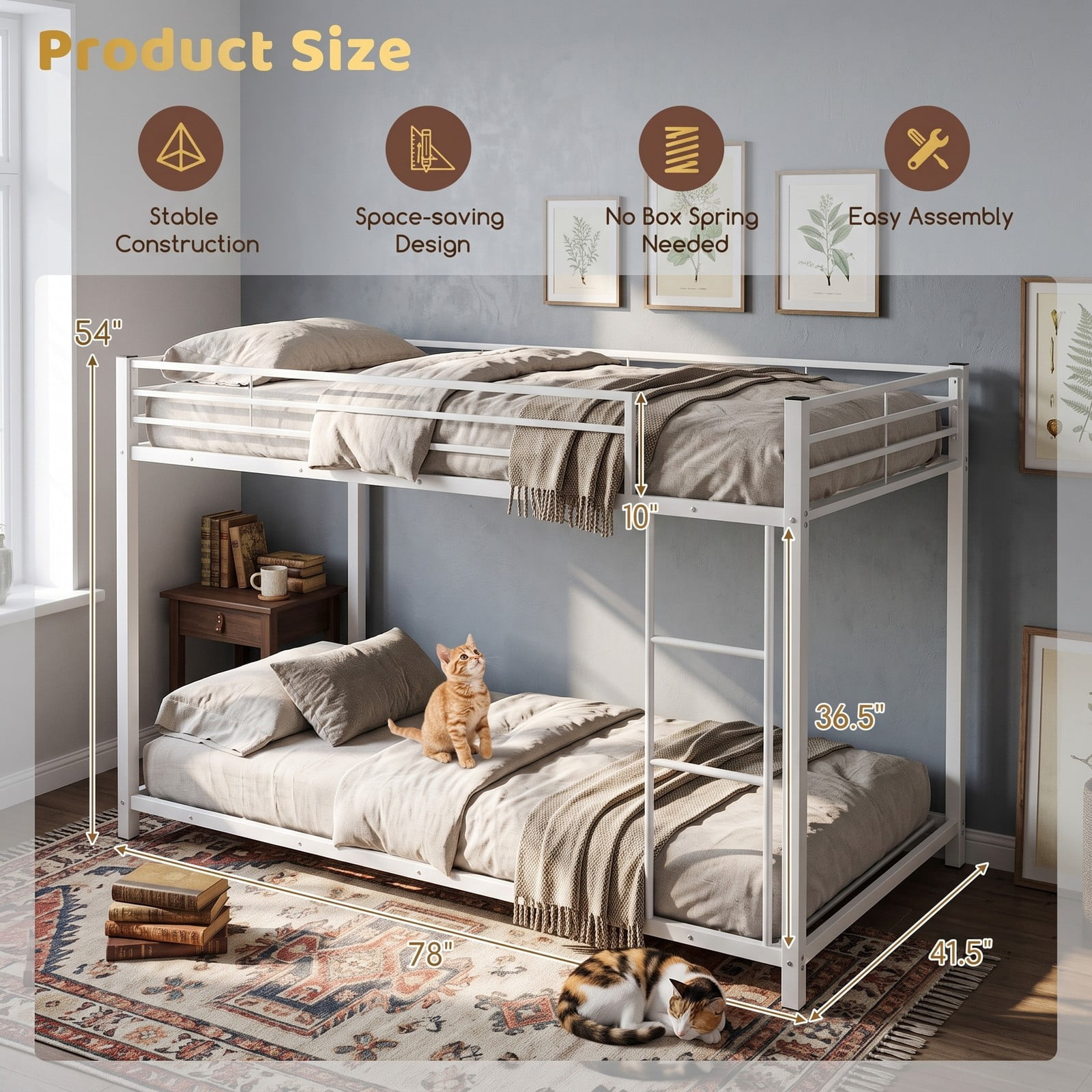 Furnibear Low Profile Twin Over Twin Metal Bunk Bed with Full-length Guardrails and Ladder for Kids and Shared Bedrooms, White