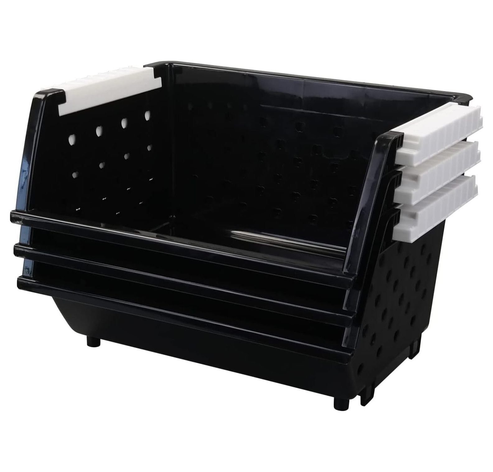 3-Pack Plastic Stackable Organizer Basket, Stacking Storage Basket, Black
