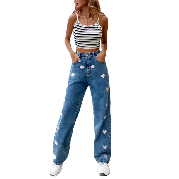 Women's Waist Jeans Love Pattern Jeans Straight-Leg Jeans with Pockets Walmart.com