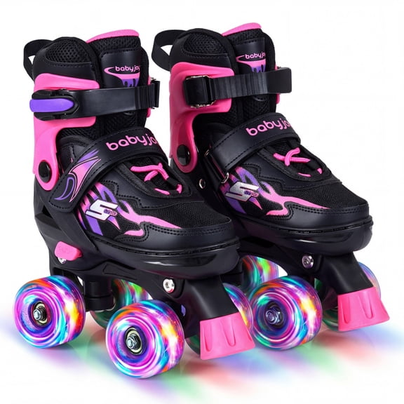 Kids Adjustable Quad Roller Skates with Light-up Wheels, Abec-7 Bearings, Brake System, Pink