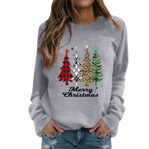 Gibobby Suéteres para mujer Diario Navidad de nieve Estampado O Cuello Sudadera Cuello Rojoondo Ajuste Suéter Tops Casual Manga larga Camisas de entrenamiento Blusa suelta (Gris, L)
