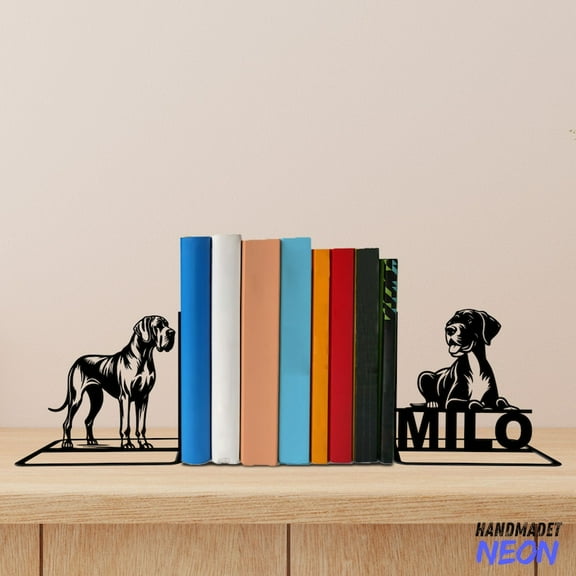 Handmadetneonsign Great Dane Dog Metal Bookends, Great Dane Name Bookend, Dog Table Bookshelf Decor 046967