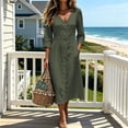 thumbnail image 7 of CHGBMOK Cotton Linen Dresses for Women 3/4 Sleeve V Neck Button Down Dress Cinched Waist Flared Fall Maxi Dress, 7 of 7