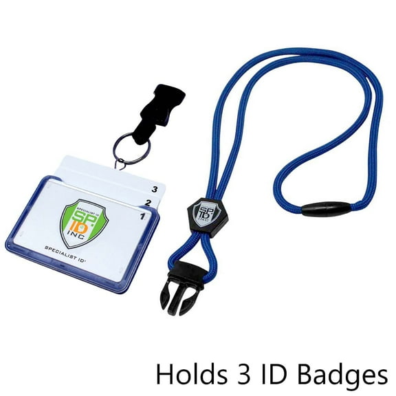 2 Pack - Specialist ID Horizontal 3 Card Badge Holder & Heavy Duty Lanyard with Breakaway Clip and Key Ring - Hard Plastic Rigid Name Tag Protector - Top Load for Three Badges (Royal Blue)