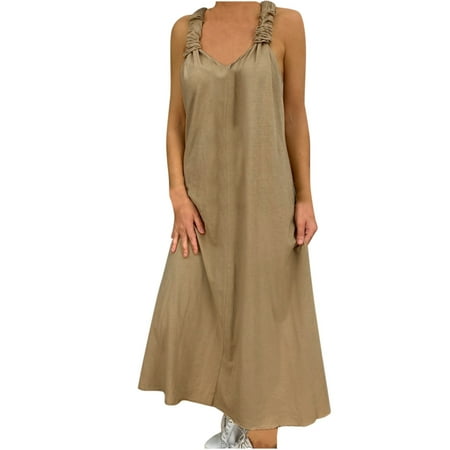 

REORIAFEE Dresses for Women 2022 Party Loose Art Strap One-Piece Dress Khaki S
