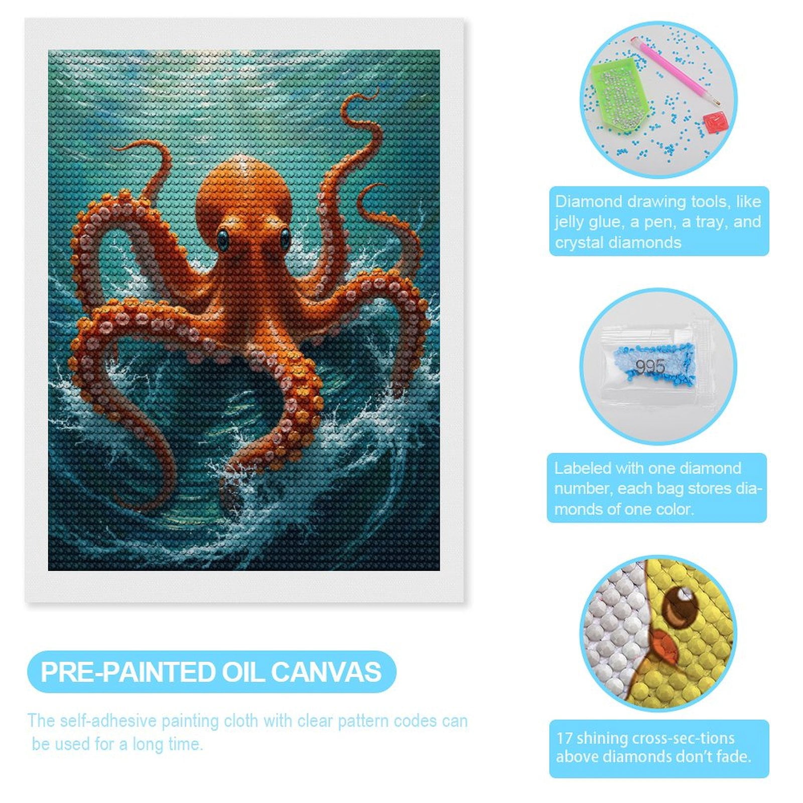 Diamond Art Kits for Adults, Octopus Ocean Waves Vibrant Colorful 5D Diamond Painting Kits for Adults Beginners, DIY Full Drill Diamond Painting, Gem Art and Crafts 12x16
