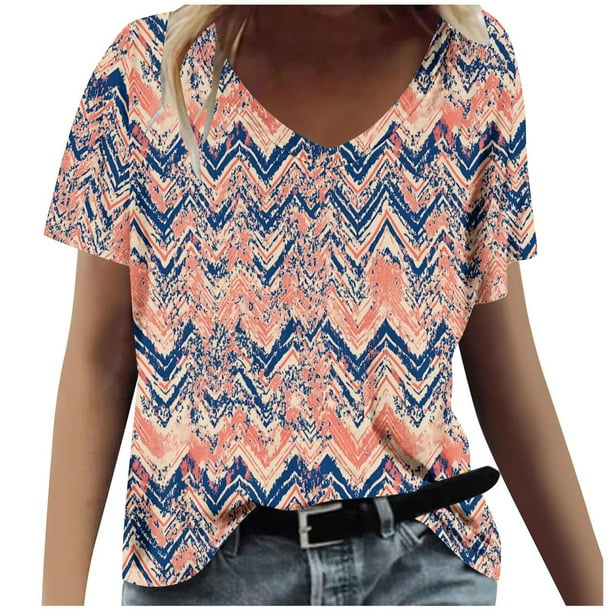 Tops Cortos para las Mujeres Impresión V-Cuello Suéter Blusa, Manga Corta de Poliéster Top de Moda, Lavado a Mano Todas las Estaciones Desgaste Casual