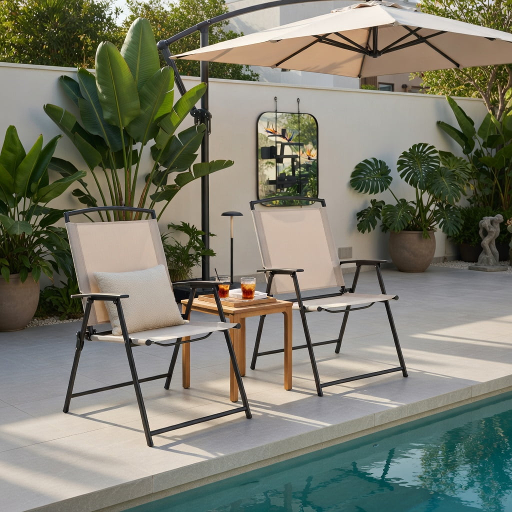 Hommoo 2-Pack Patio Dining Chairs with Armrests, Rust-Resistant Steel Frame, Foldable & Lightweight Outdoor Seating for Deck, Porch, Garden, Beige