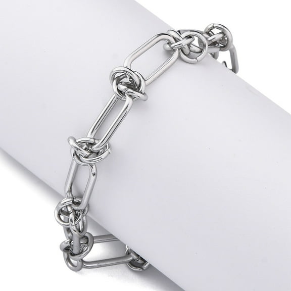 5pcs 304 Stainless Steel Paperclip Chain Bracelets for Women with Ring Knot Platinum 6-7/8 inch(17.5cm)