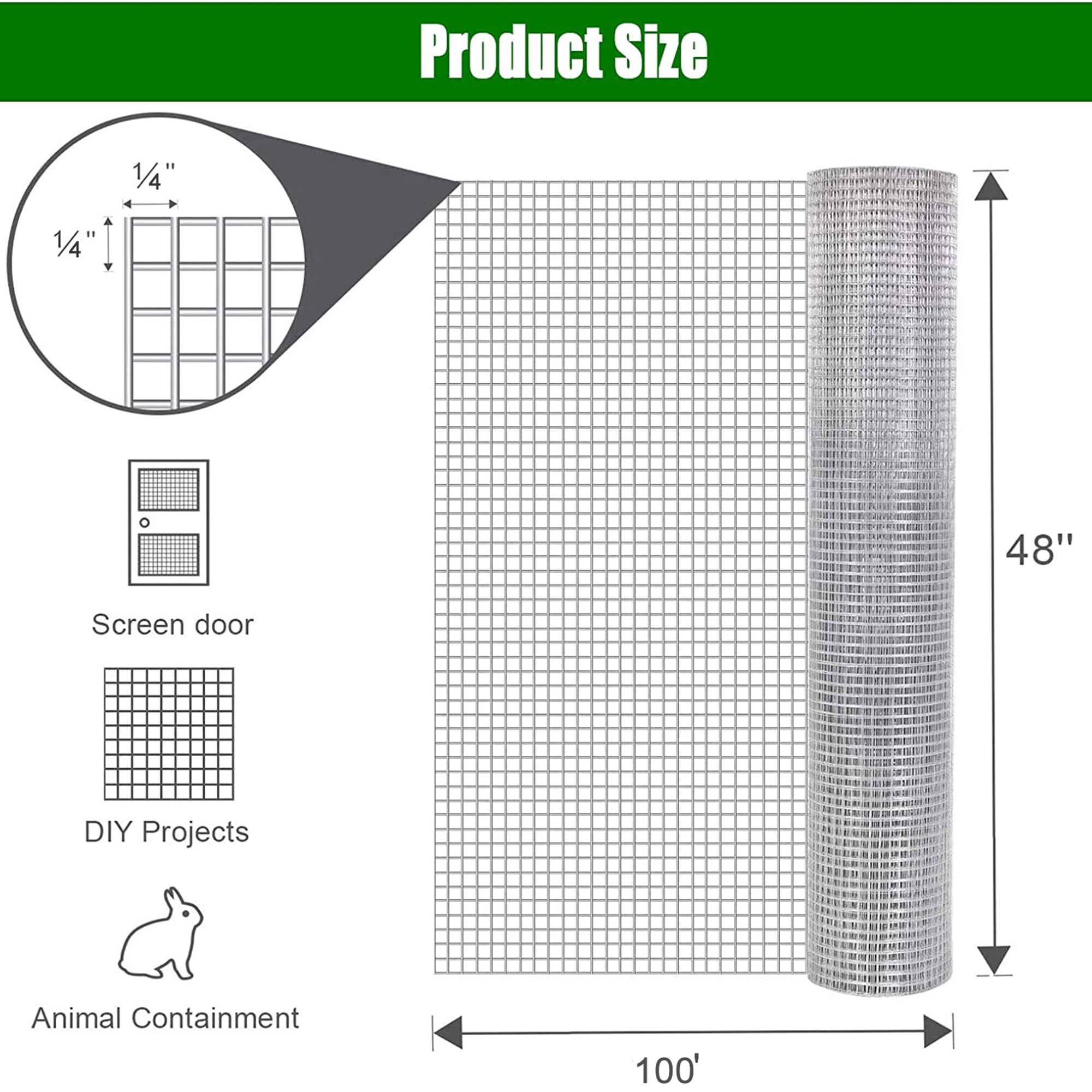 Miniyam 48" x 100' - 1/4 Inch 23 Gauge Hot-Dip Galvanized Hardware Cloth, Fine Welded Wire Mesh for Rabbit Hutches, Snake/Rodent Barriers, and Small Animal Cages