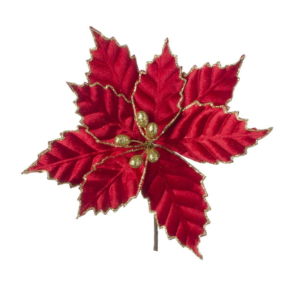 Darice Christmas Floral Red Velvet Poinsettia Pick with Gold Glitter
