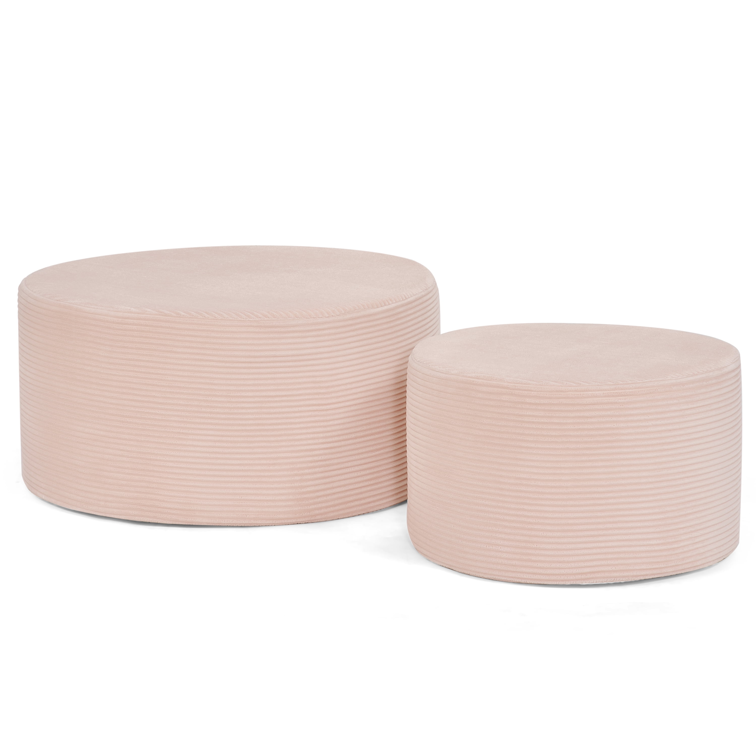 Aukfa 2-Piece Round Ottoman Set, Upholstered Coffee Table & Nesting Footrest Stools for Living Room, Bedroom, Pink