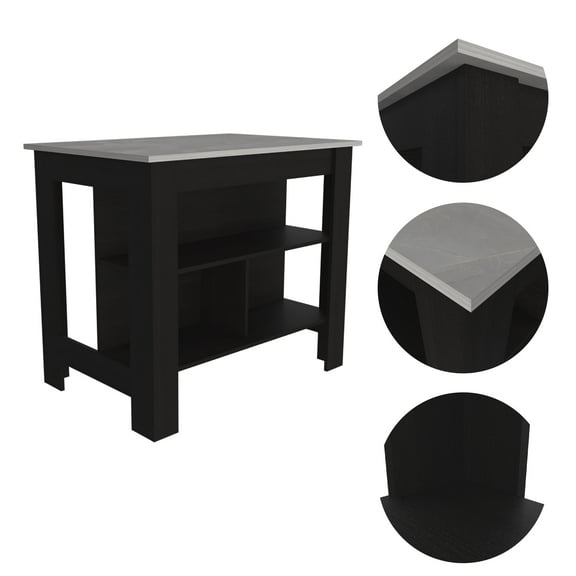 Newboti Furniture Rockaway 3-Shelf Kitchen Island Black and Ibiza Marble 27069