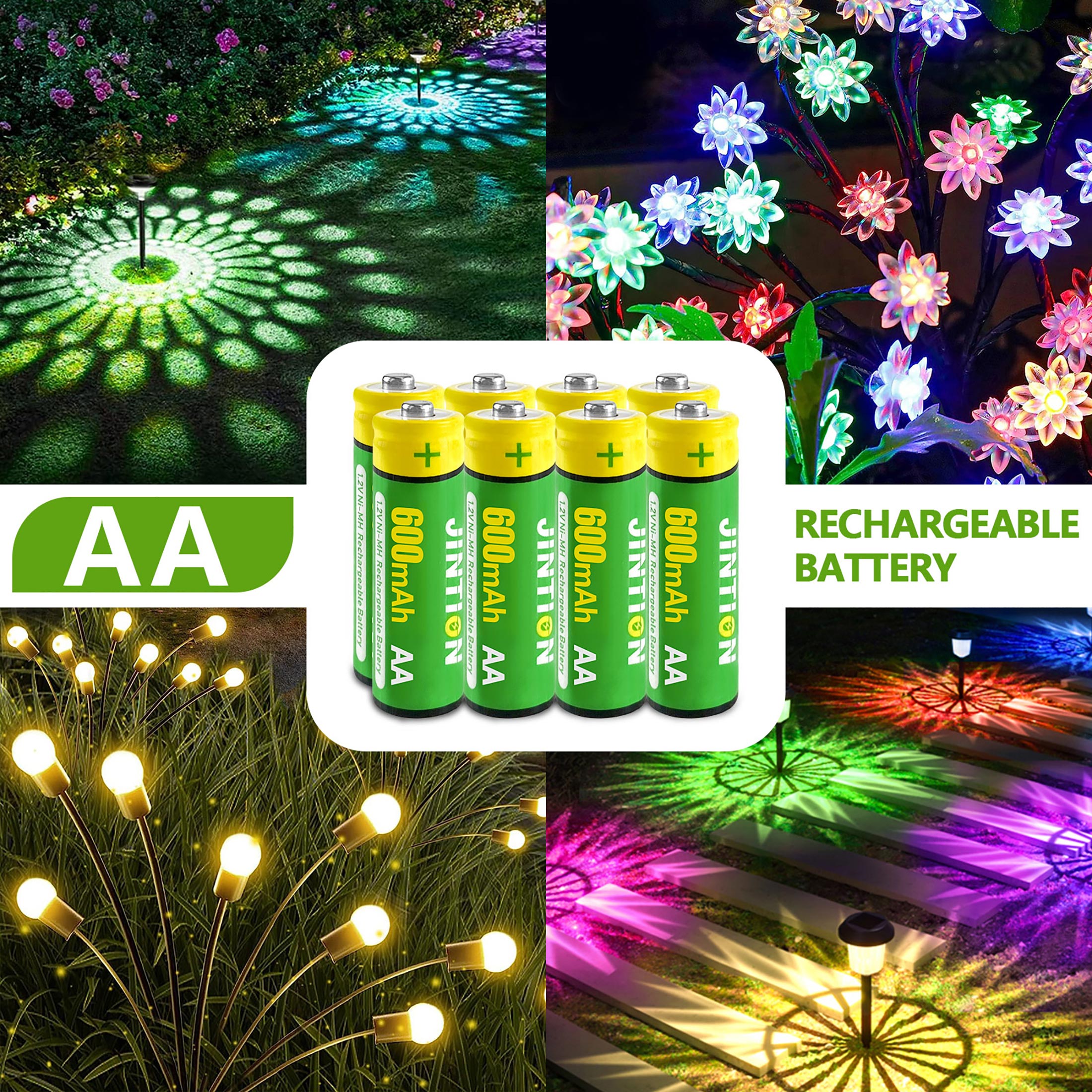 JINTION Rechargeable Aa Batteries, Double a Ni-MH 600mAh 1.2V Solar Battery
