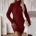 thumbnail image 3 of Women's Sweater Dress Knit Dress Long Sleeve Turtleneck Solid Color Cable Knit Casual Winter Dress for Holiday,Wine,L, 3 of 7