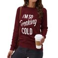 thumbnail image 3 of Camisetas de mujer con cuello redondo y manga larga con estampado de letras, Top holgado informal para uso diario, Color rojo vino, palabras blancas S, 3 of 6