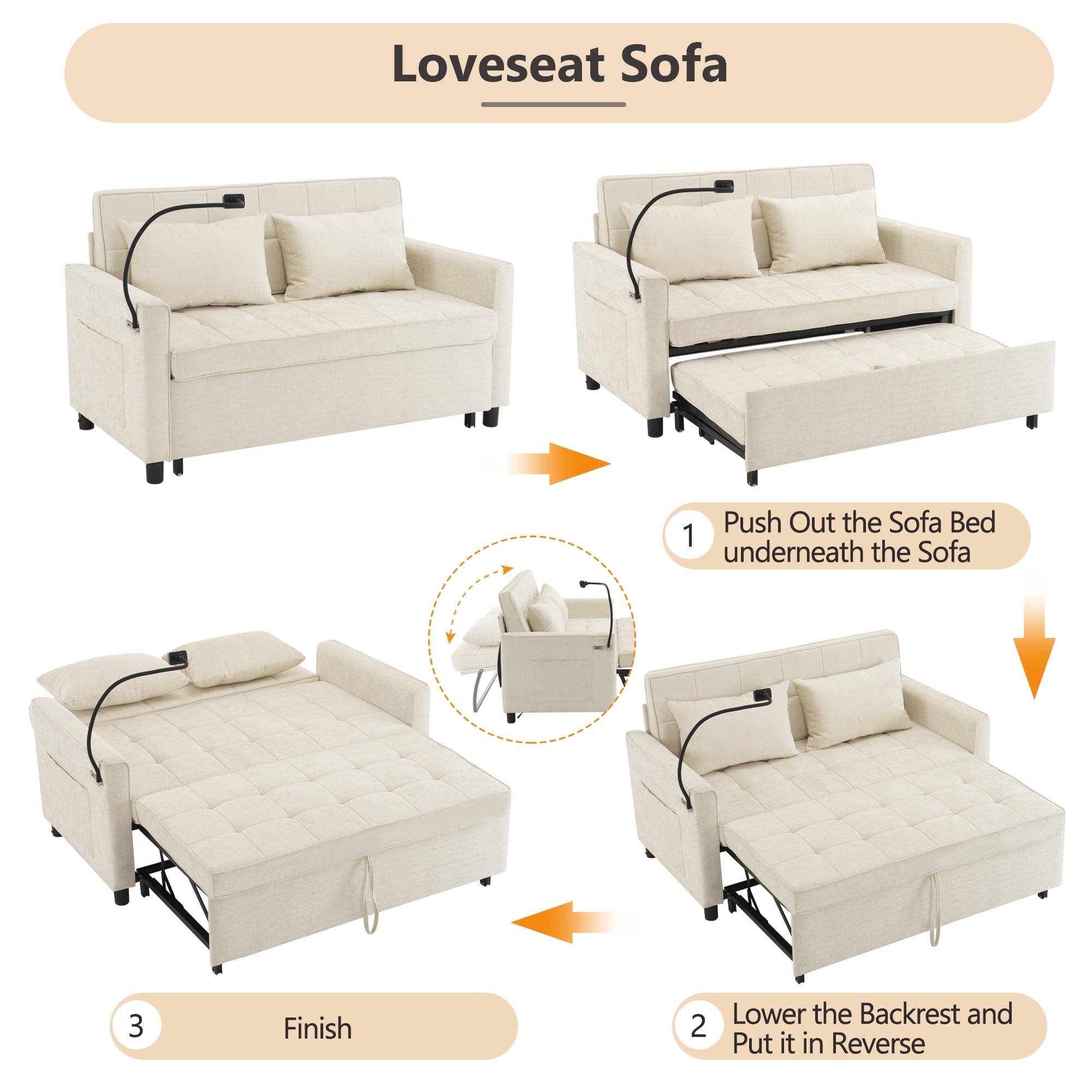 3 in 1 Convertible Sofa Bed, Pull Out Couch with Phone Holder & Backrest Cushion, Loveseat Sleeper for Living Room, Little Apartment, Bedroom, Beige
