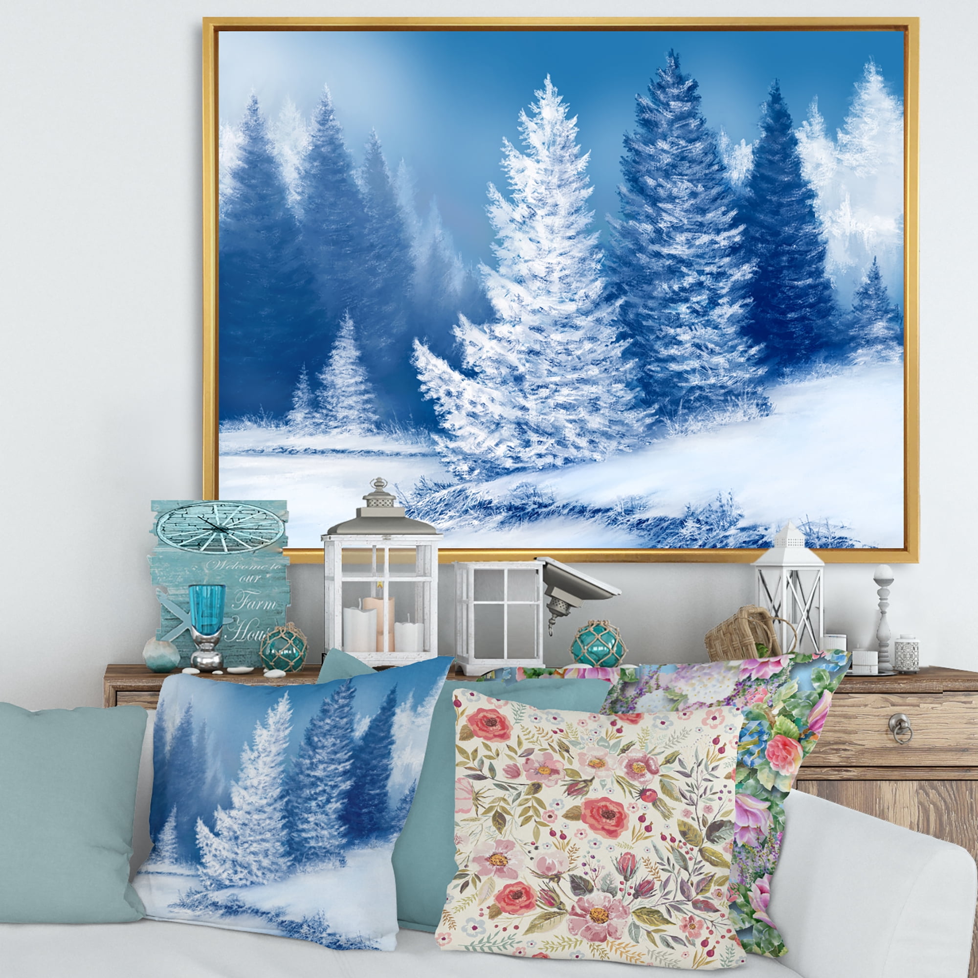 Designart 'Snow Covered Trees With Dreamlike Spruce Forest' Lake House Framed Canvas Wall Art Print