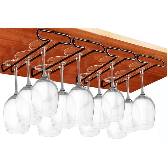 Set of 4 Cabinet Stemware Rack 10 Inch Under Shelf Wine Glass Holder Storage Hanger Organizer for Kitchen and Bar (Black)