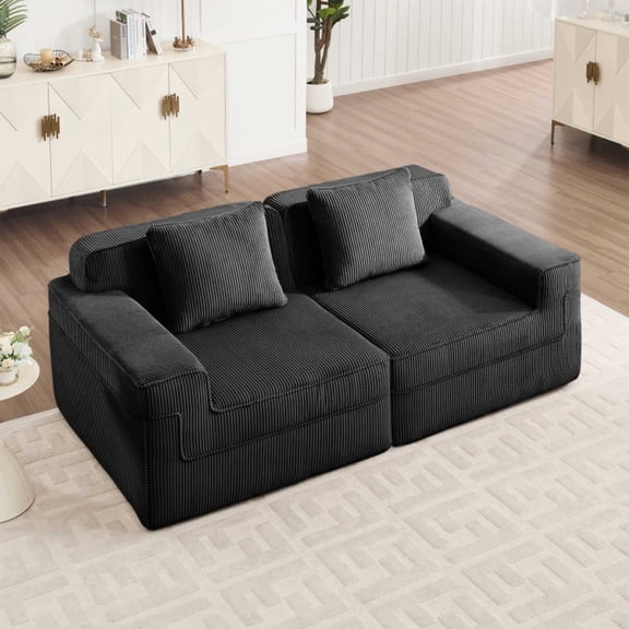 Modular 2 Seat Loveseat Boneless Sofa, Cloud Sectional Couch with Deep Seat, Modern Modular 2-Seat Sofa Couch with Throw Pillows Corduroy Fabric Black